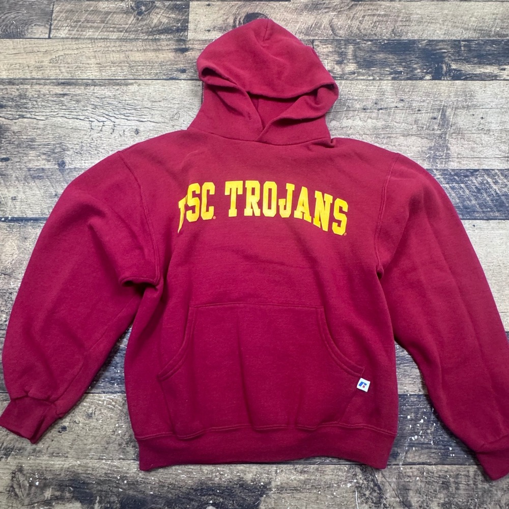 Russell Athletic USC Trojans Hoodie Maroon Yellow Fleece Sweatshirt Size S‎